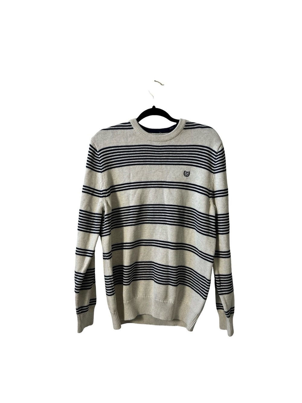 Chaps Men’s Medium Striped Knit Sweater Cream Navy Nautical Pullover - Picture 2 of 4